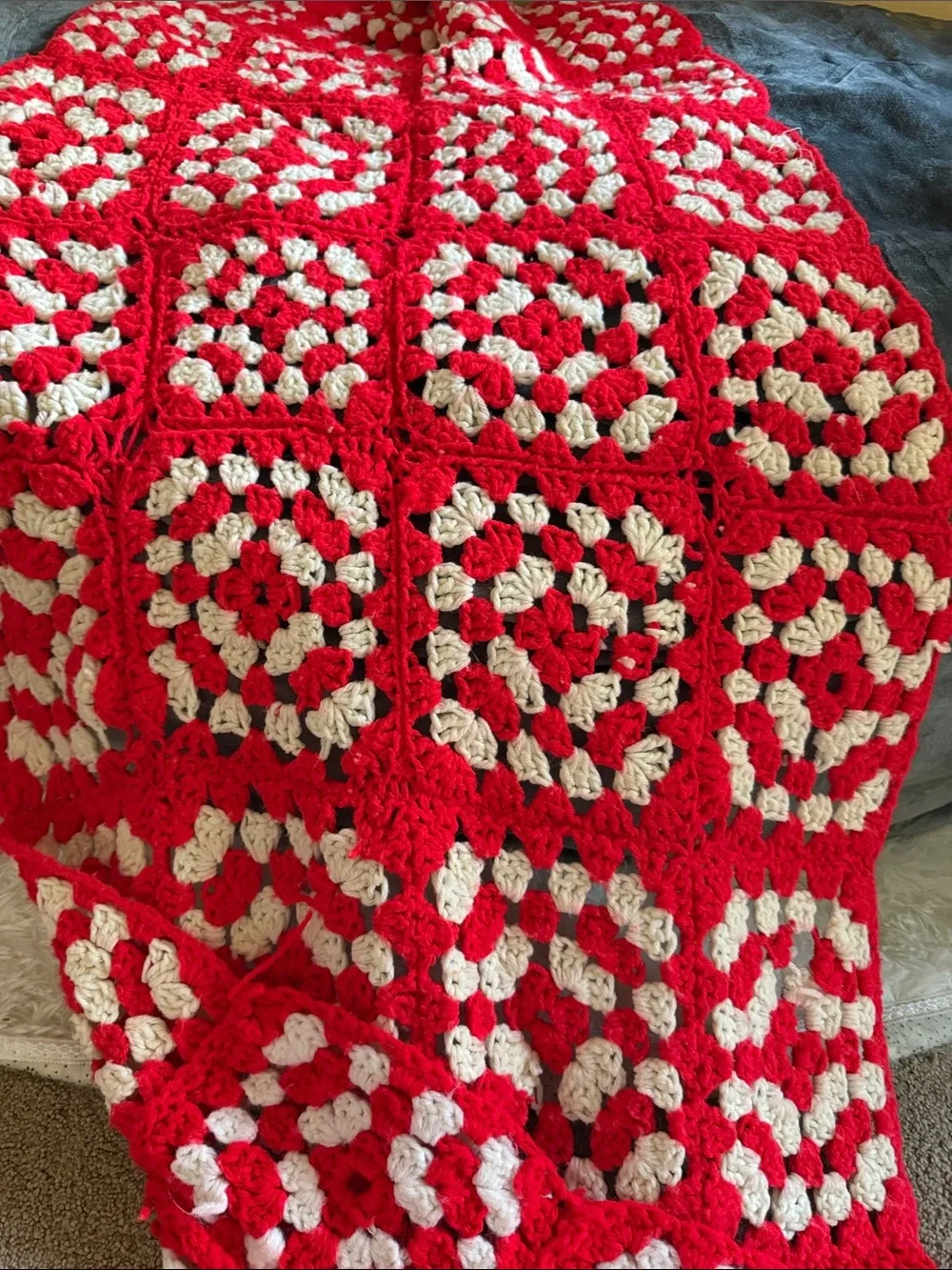 Hand Crafted Red and White‎ Granny Square Crochet Throw Blanket